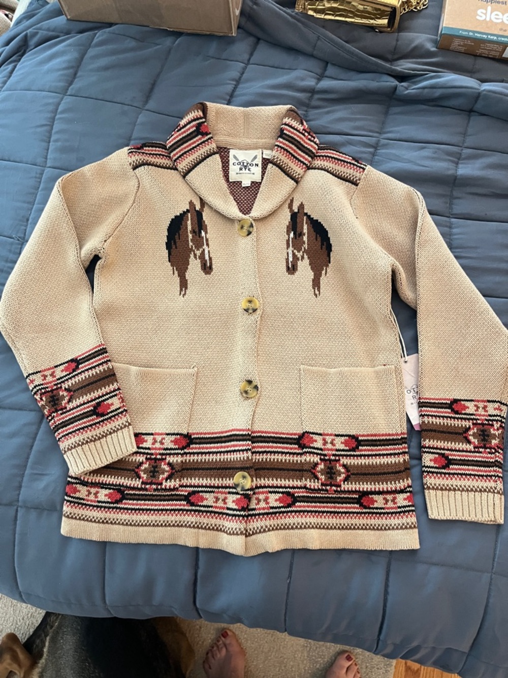 Cotton & Rye Beige Knit Cardigan with Horse Equestrian Western Motif
